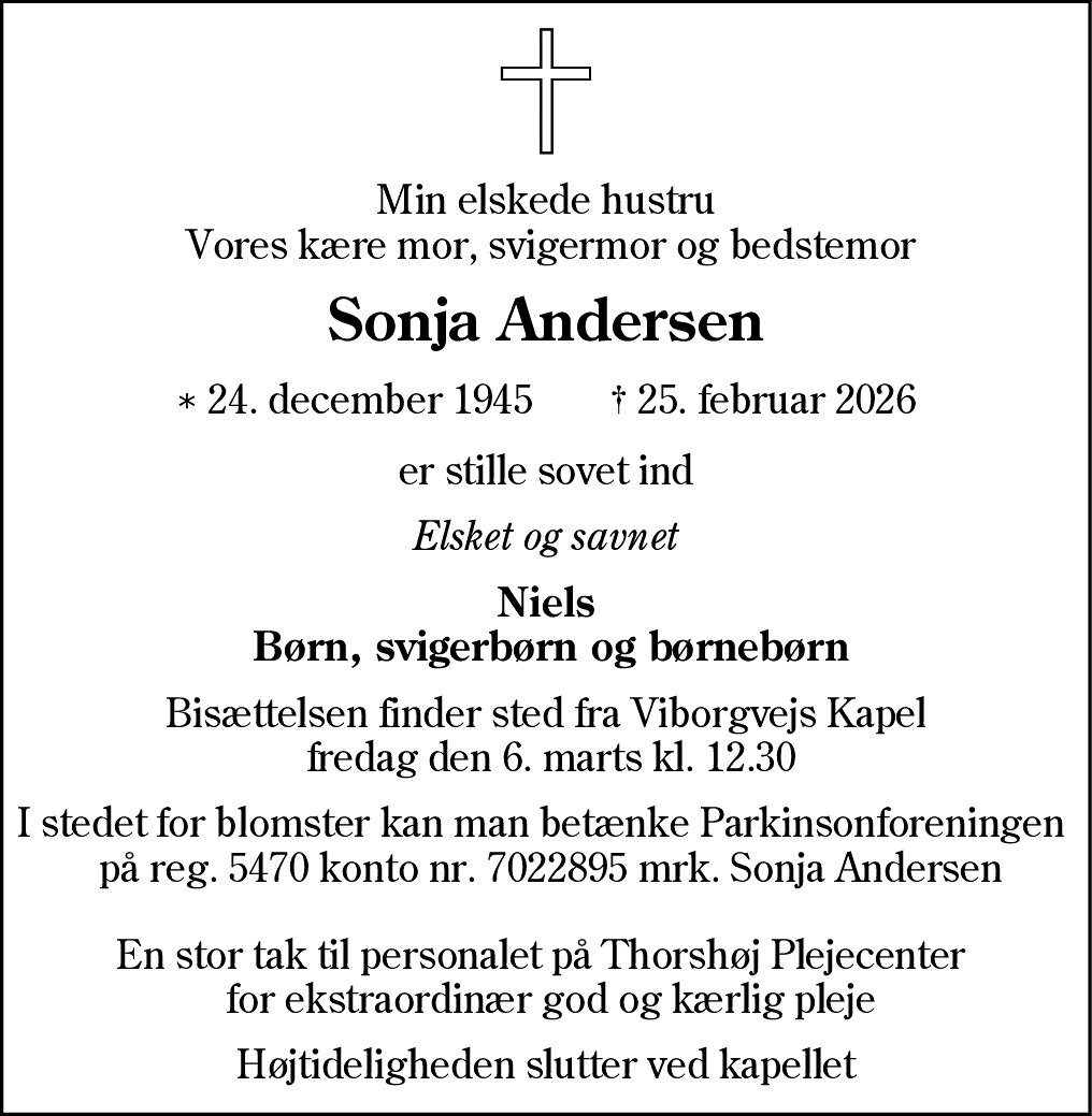 Dødsannonce for Sonja Andersen