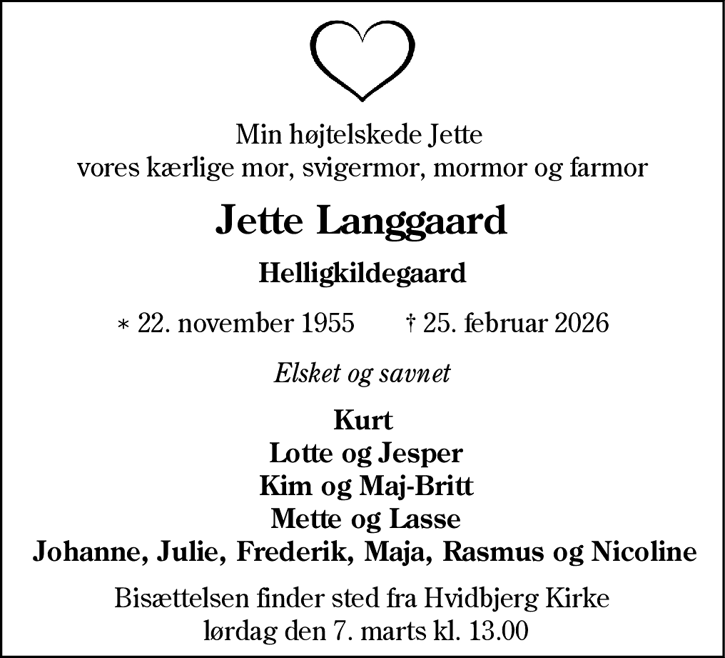 Dødsannonce for Jette Langgaard