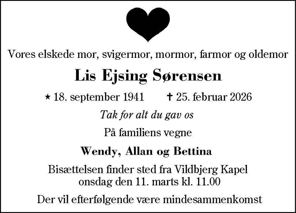 Dødsannonce for Lis Ejsing Sørensen