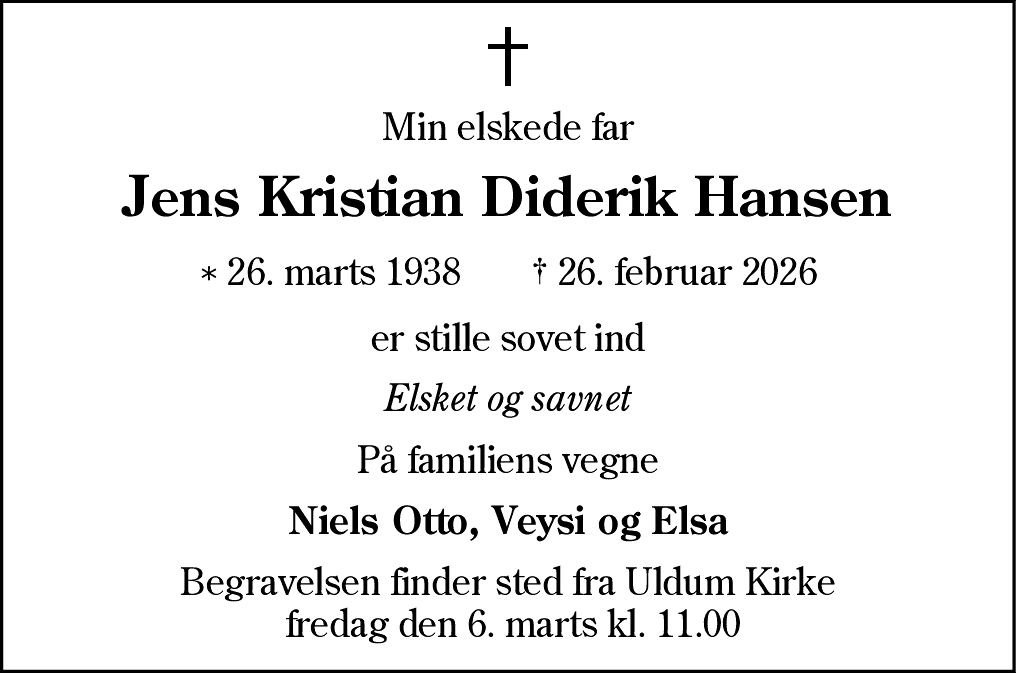 Dødsannonce for Jens Kristian Diderik Hansen