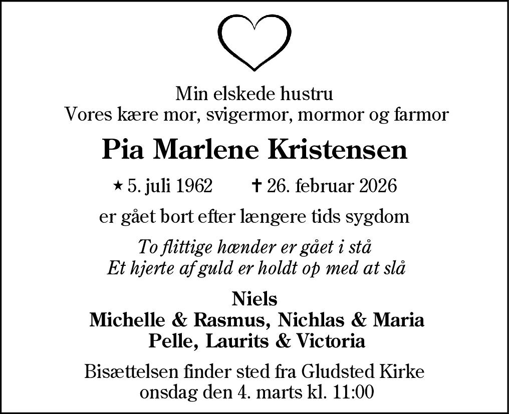 Dødsannonce for Pia Marlene Kristensen