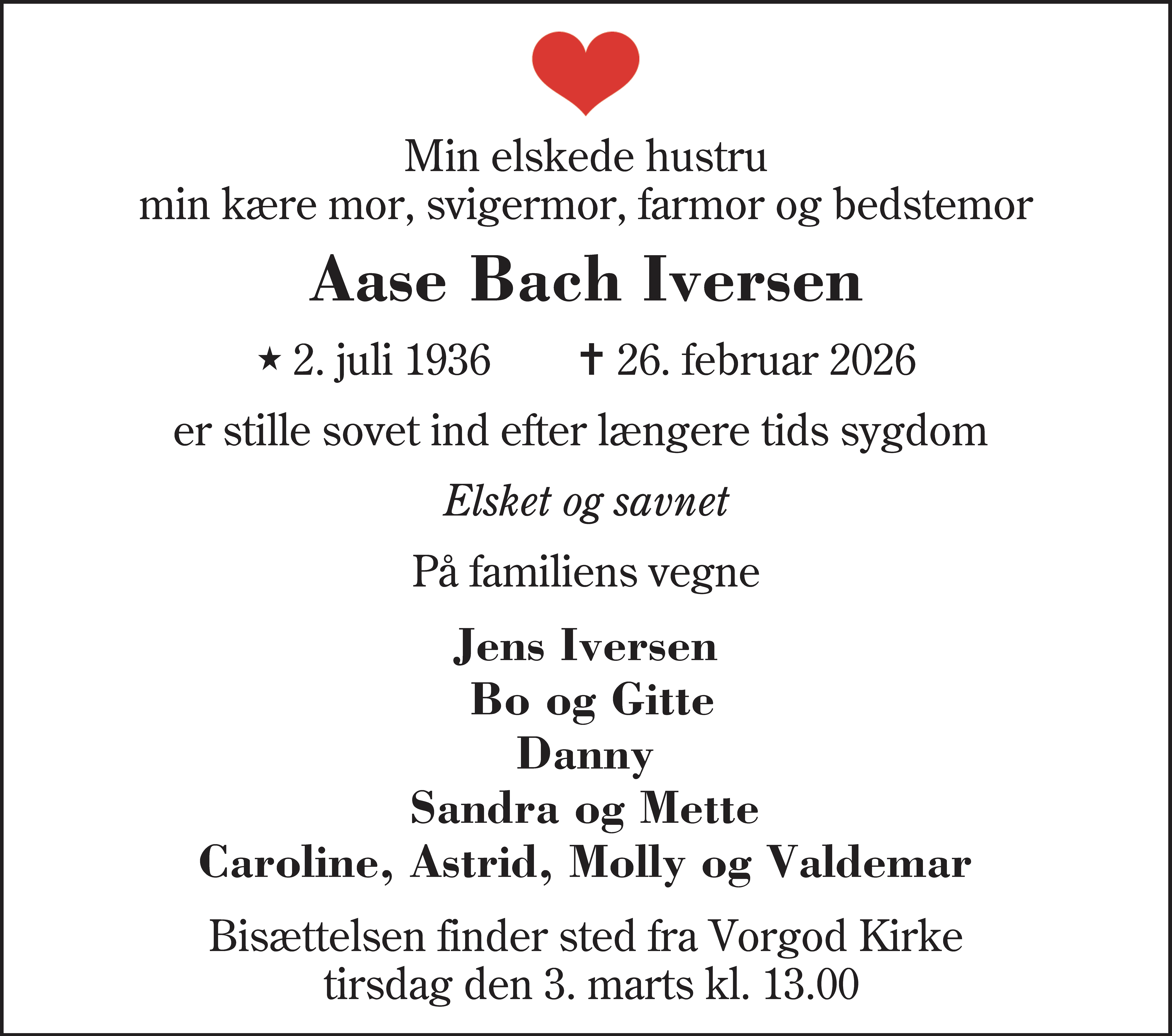 Dødsannonce for Aase Bach Iversen