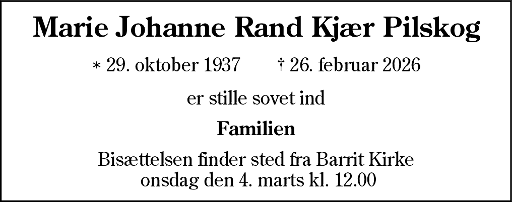 Dødsannonce for Marie Johanne Rand Kjær Pilskog