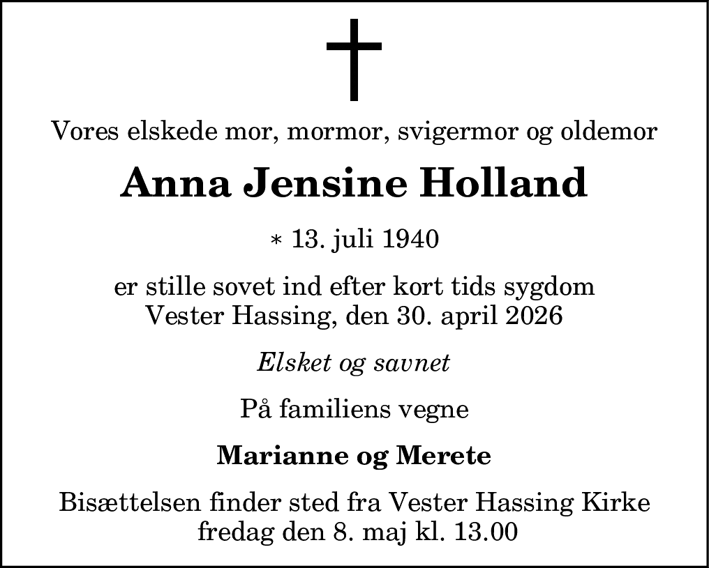Dødsannonce for Anna Jensine Holland