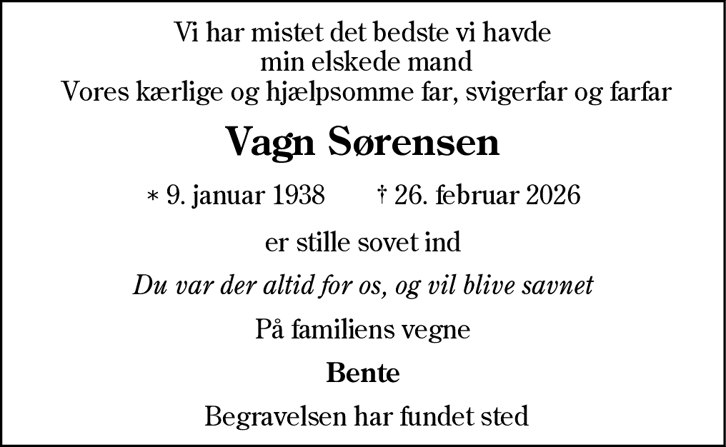 Dødsannonce for Vagn Aage Sørensen