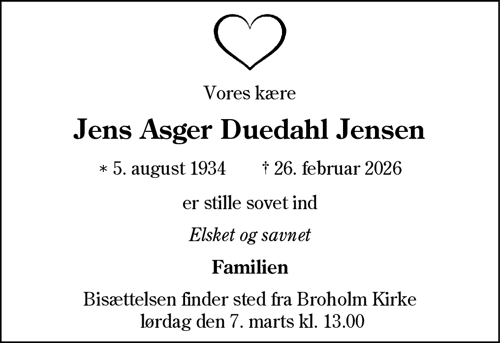 Dødsannonce for Jens Asger Duedahl Jensen