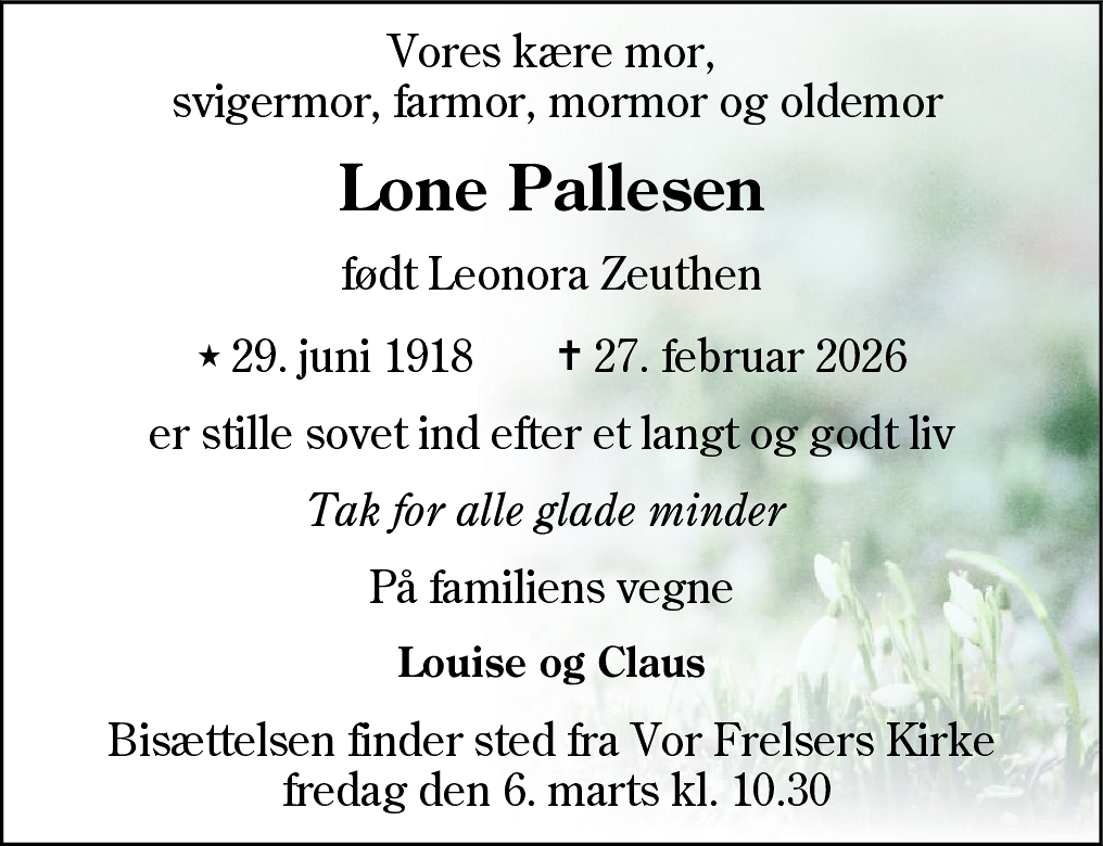 Dødsannonce for Leonora Pallesen