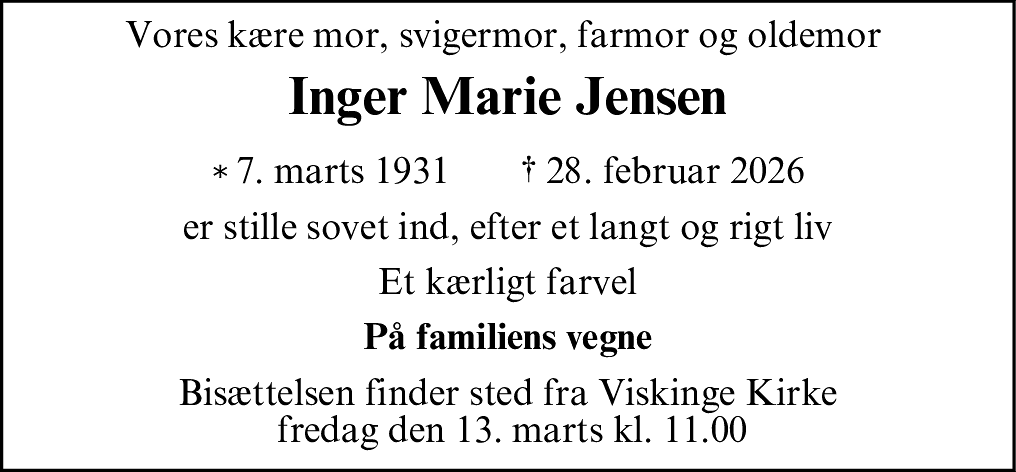 Dødsannonce for Inger Marie Jensen