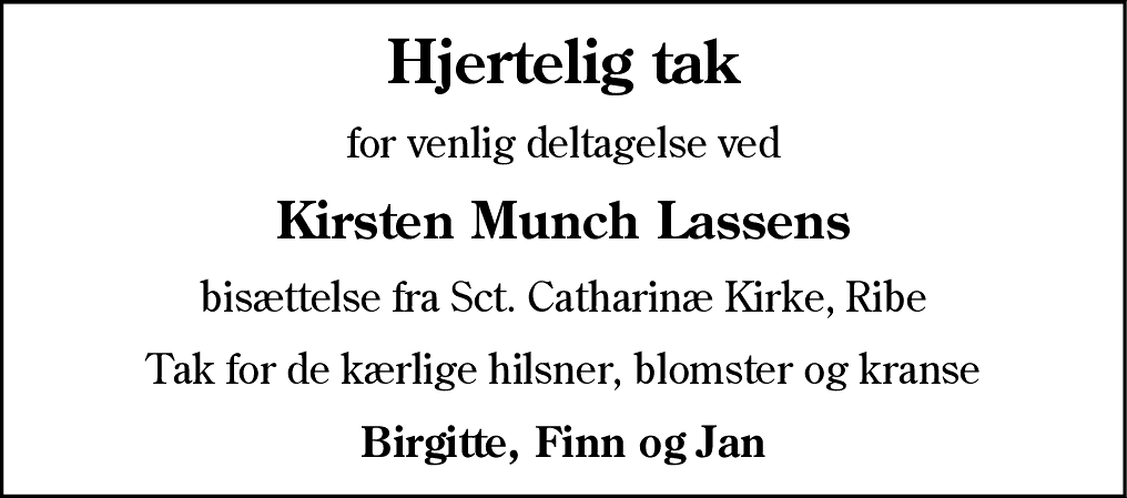 Dødsannonce for Kirsten Munch Lassen