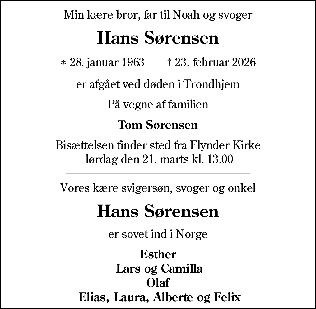 Dødsannonce for Hans Sørensen