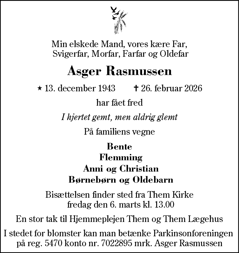 Dødsannonce for Asger Rasmussen