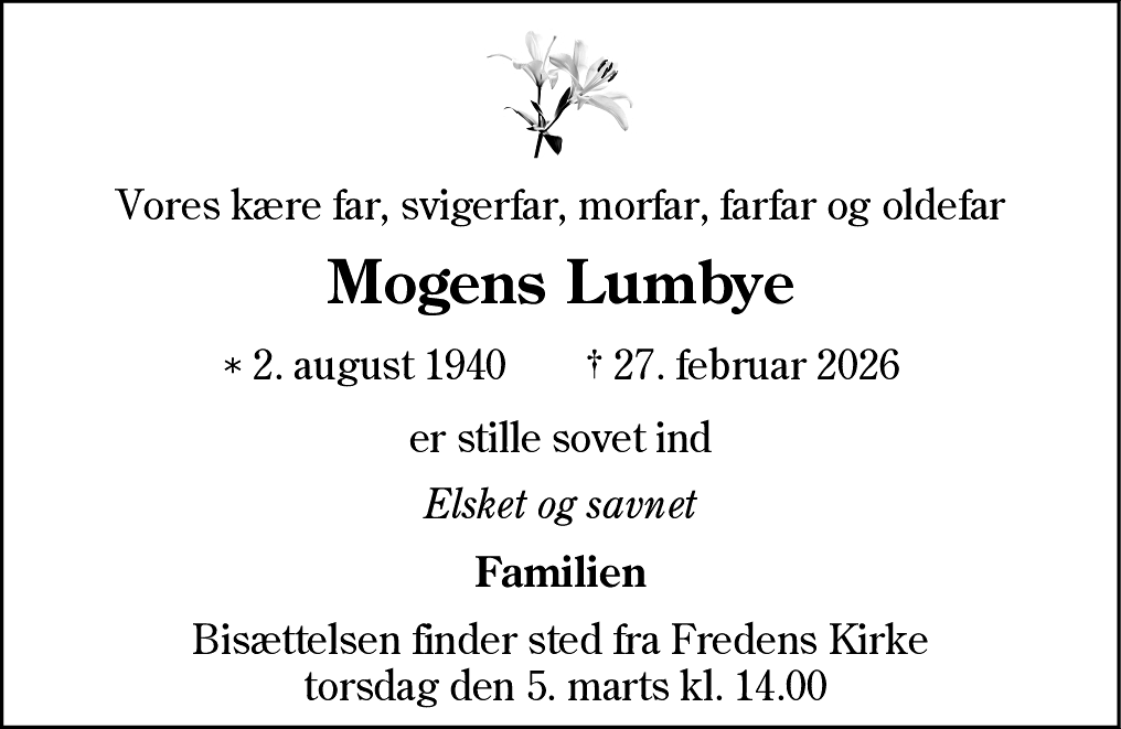 Dødsannonce for Mogens Lumbye
