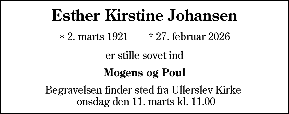 Dødsannonce for Esther Kirstine Johansen