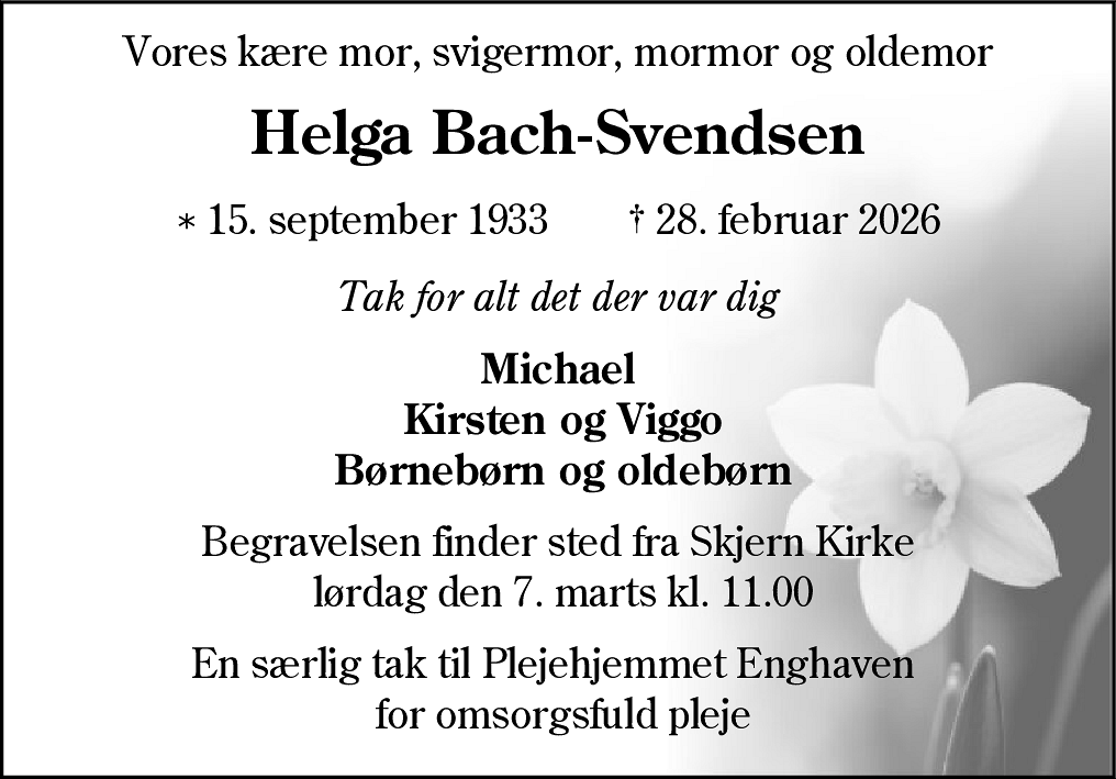 Dødsannonce for Helga Bach-Svendsen