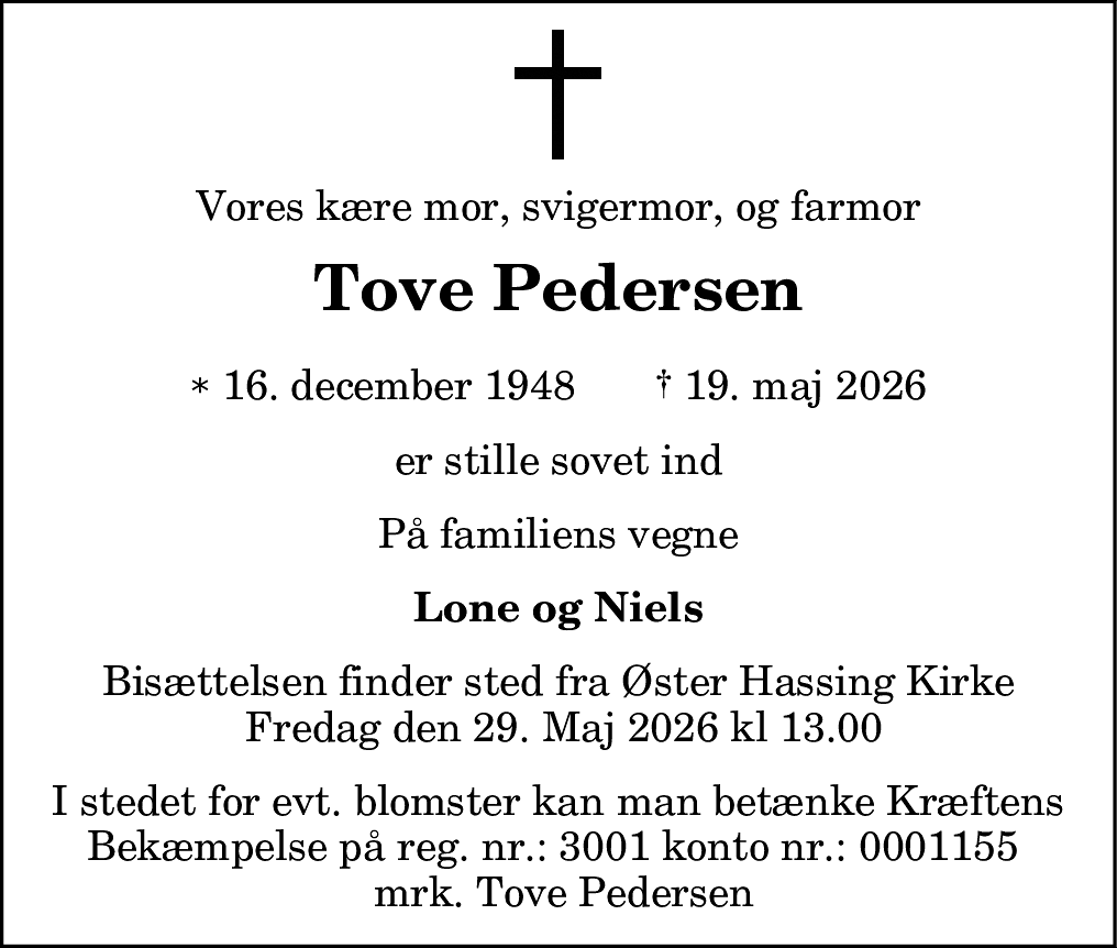 Dødsannonce for Tove Pedersen