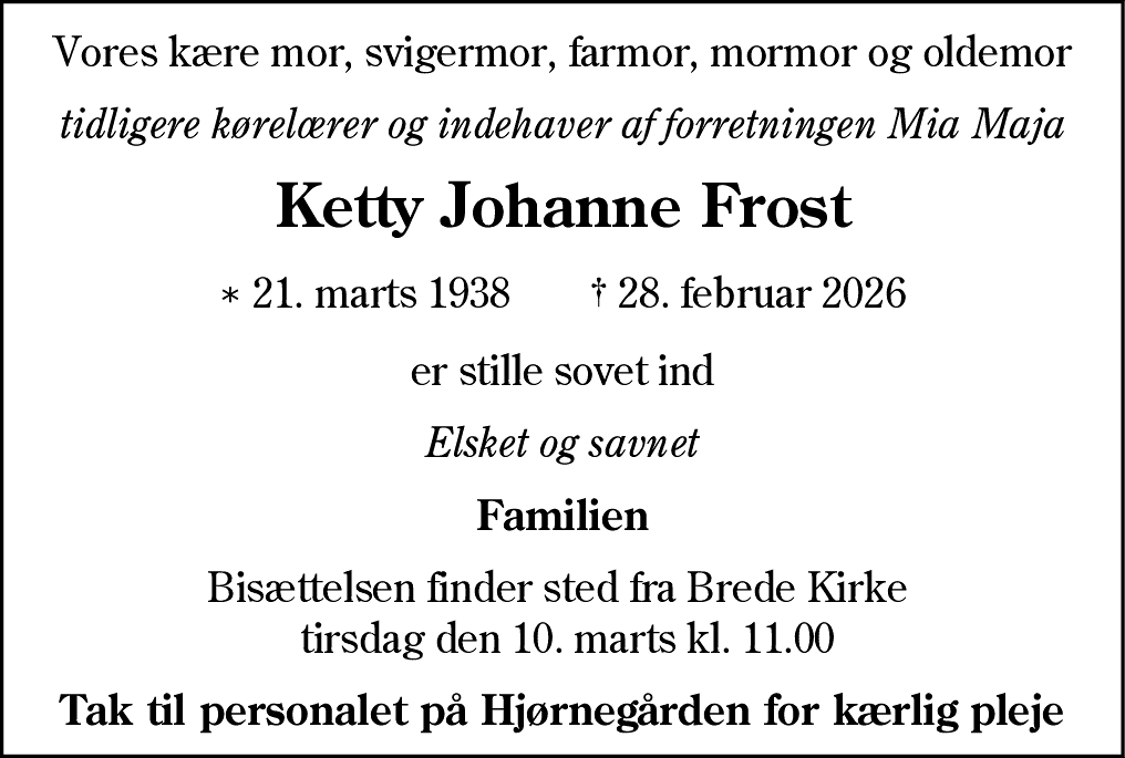 Dødsannonce for Ketty Johanne Frost