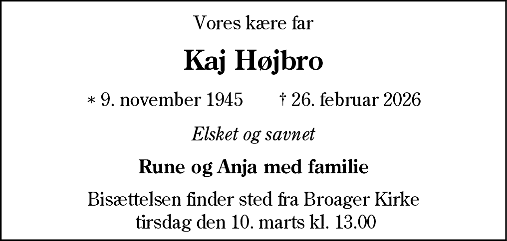 Dødsannonce for Kaj Højbro
