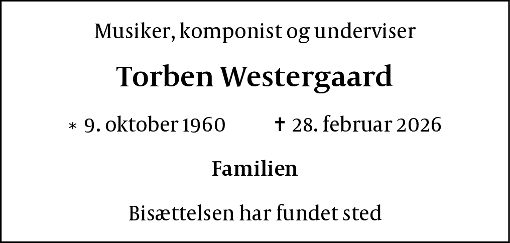 Dødsannonce for Torben Westergaard