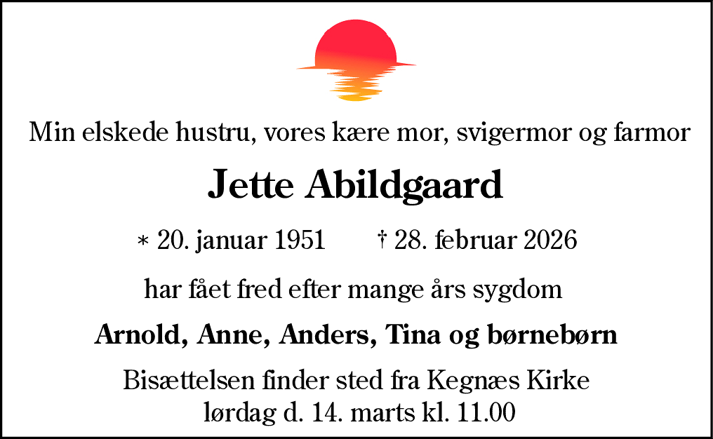 Dødsannonce for Jette Abildgaard