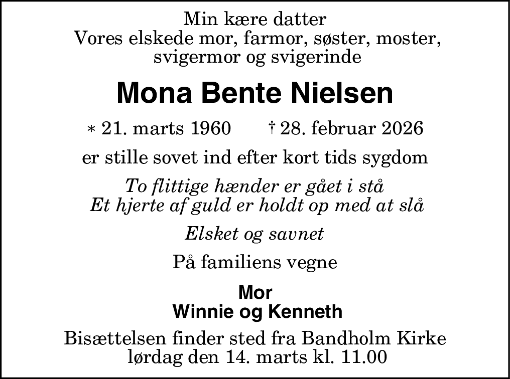 Dødsannonce for Mona Bente Nielsen
