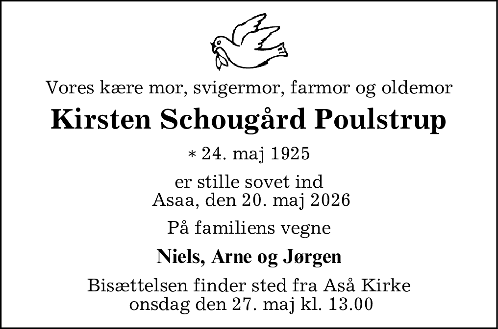 Dødsannonce for Kirsten Schougård Poulstrup
