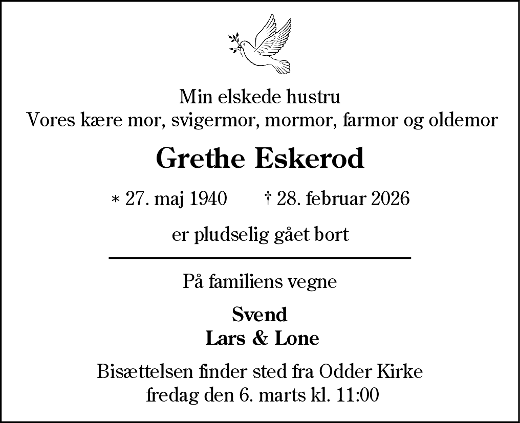Dødsannonce for Grethe Eskerod