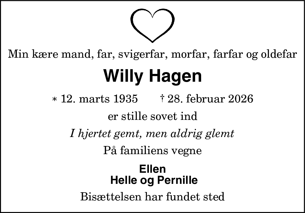 Dødsannonce for Willy Hagen