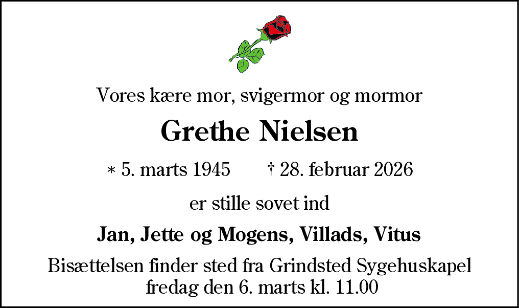 Dødsannonce for Jenny Margrethe Nielsen