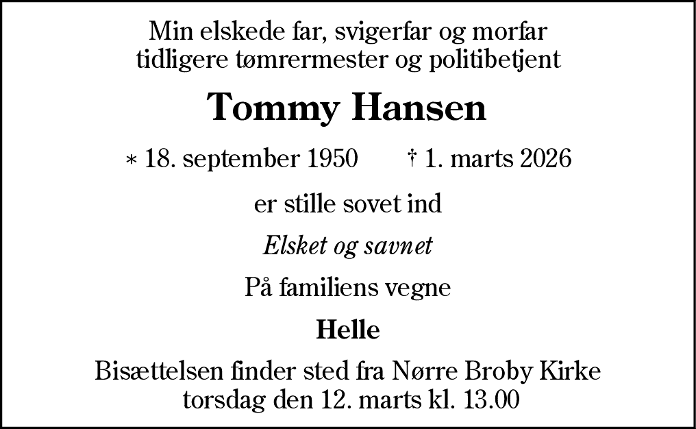 Dødsannonce for Tommy Hansen