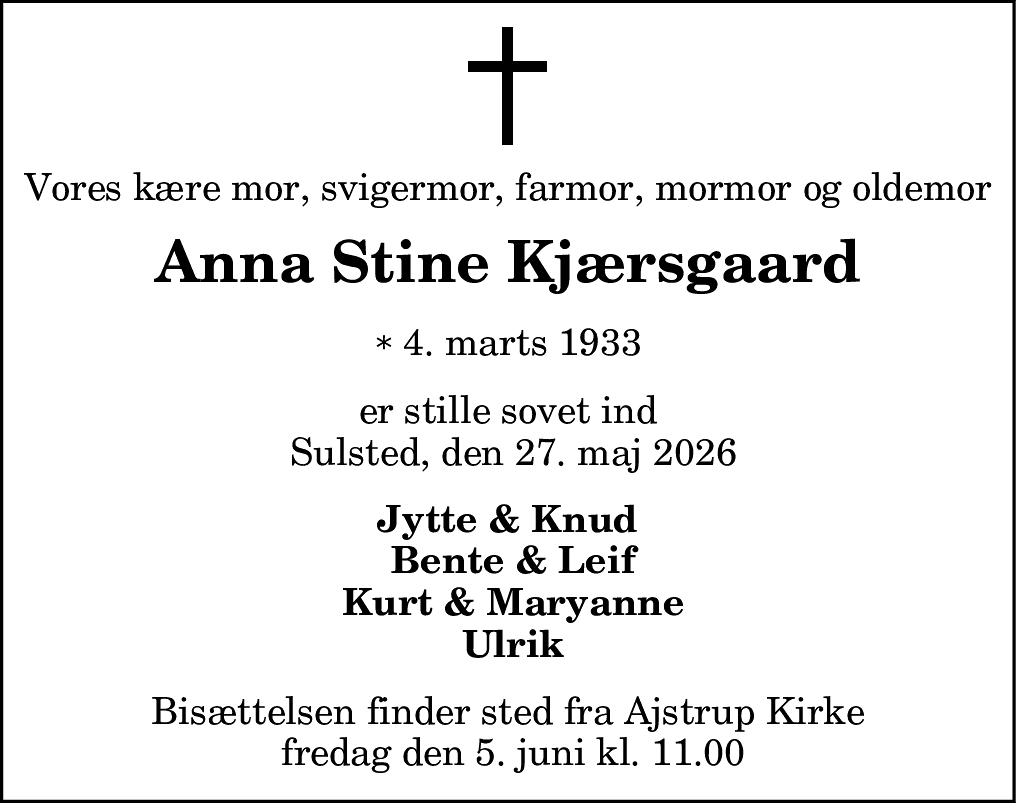 Dødsannonce for Anna Stine Kjærsgaard