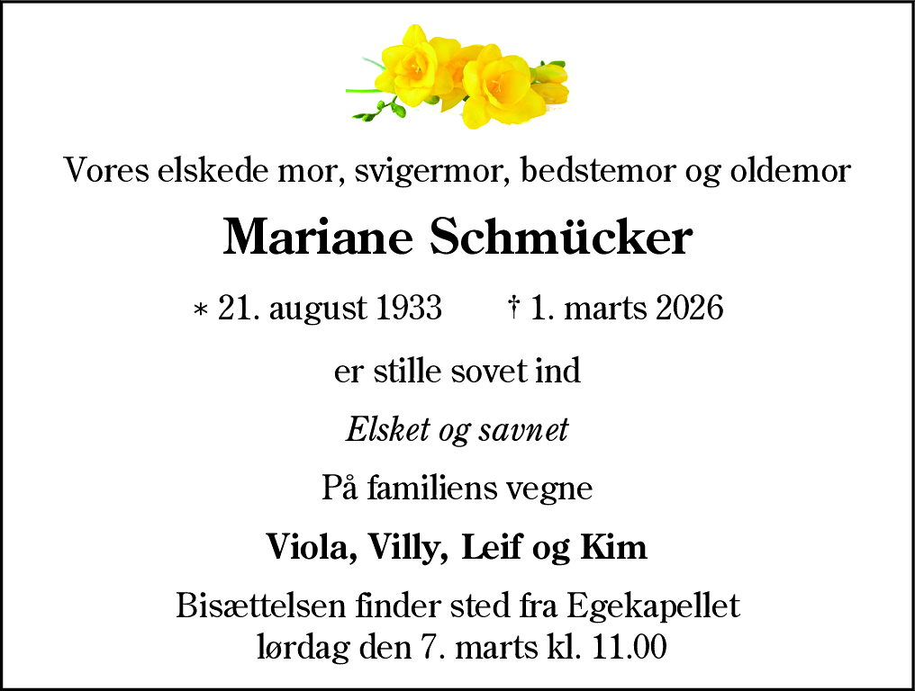 Dødsannonce for Mariane Schmücker