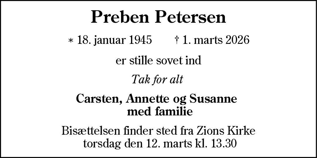 Dødsannonce for Preben Petersen