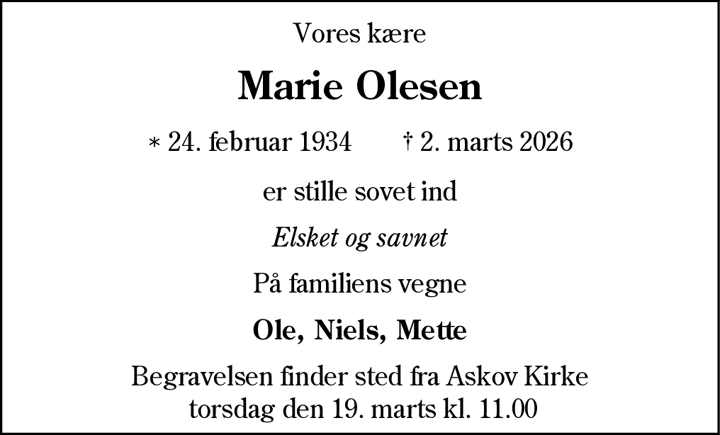 Dødsannonce for Marie Olesen
