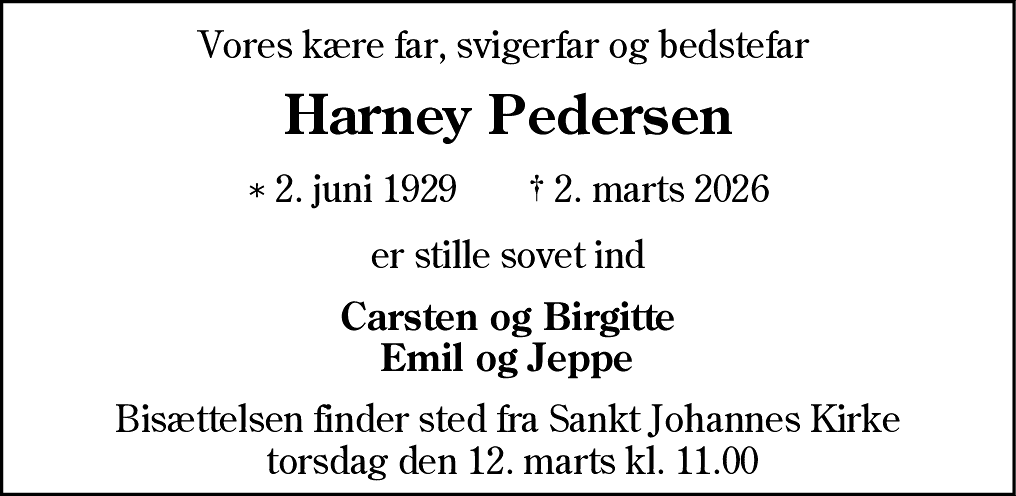 Dødsannonce for Harney Pedersen
