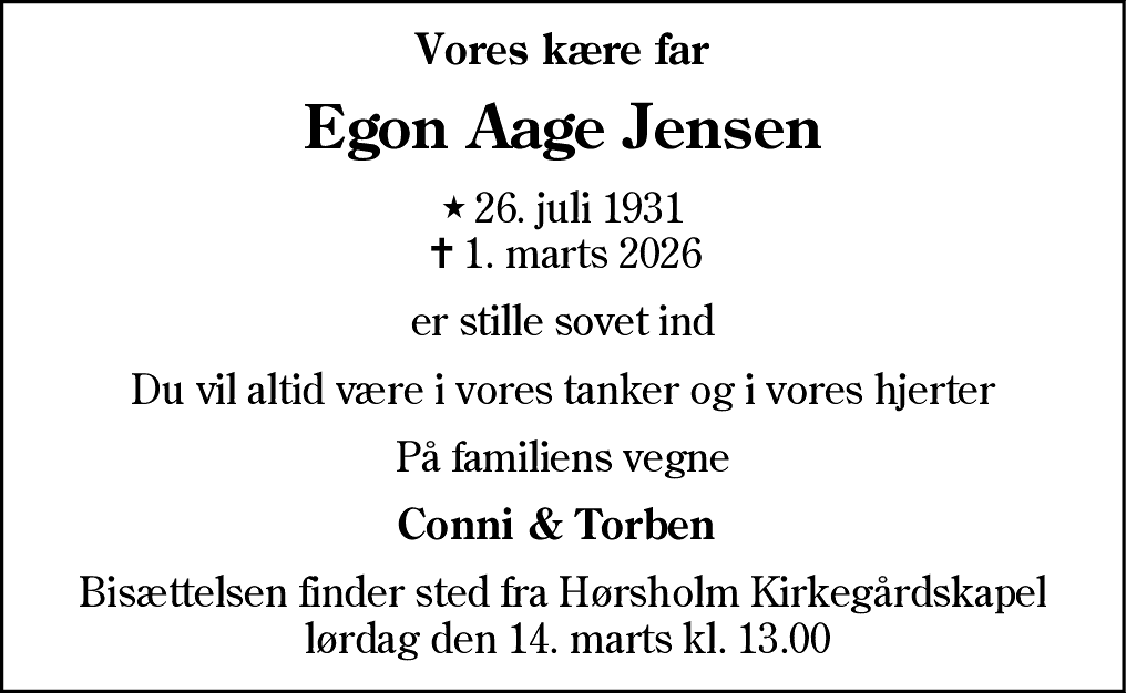 Dødsannonce for Egon Aage Jensen
