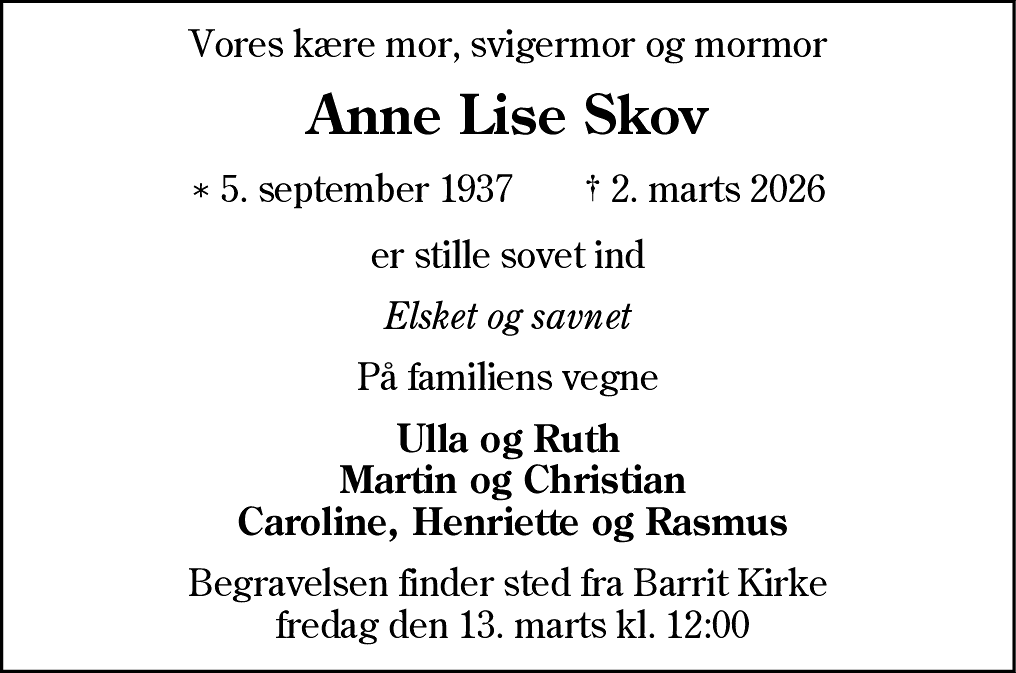 Dødsannonce for Anne Lise Skov