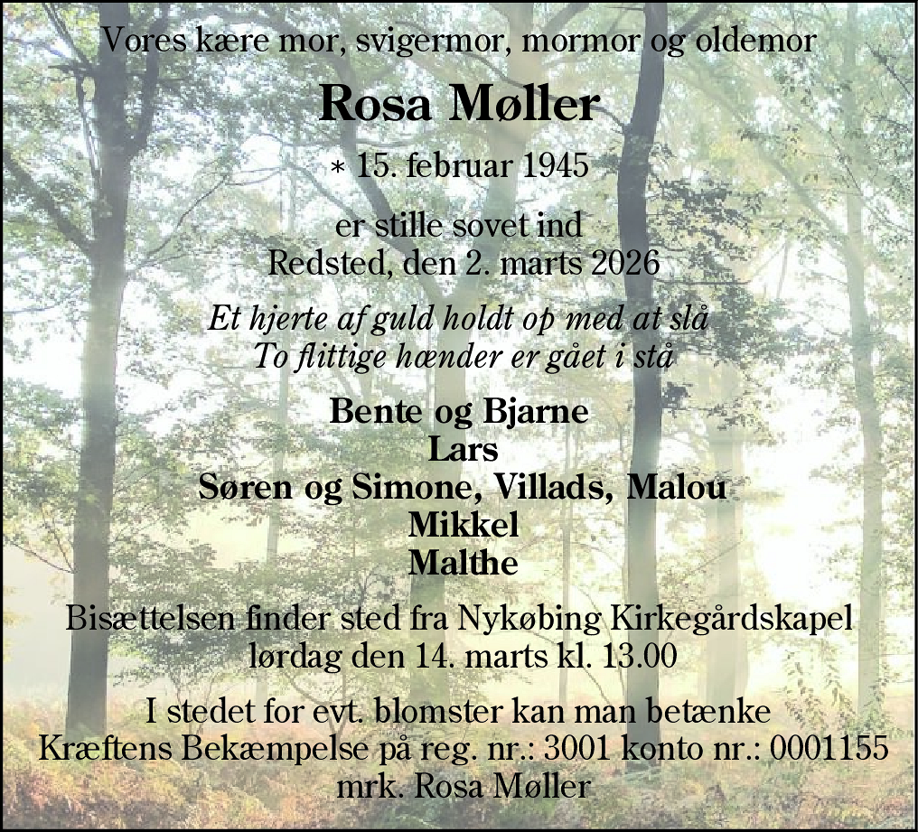Dødsannonce for Rosa Møller