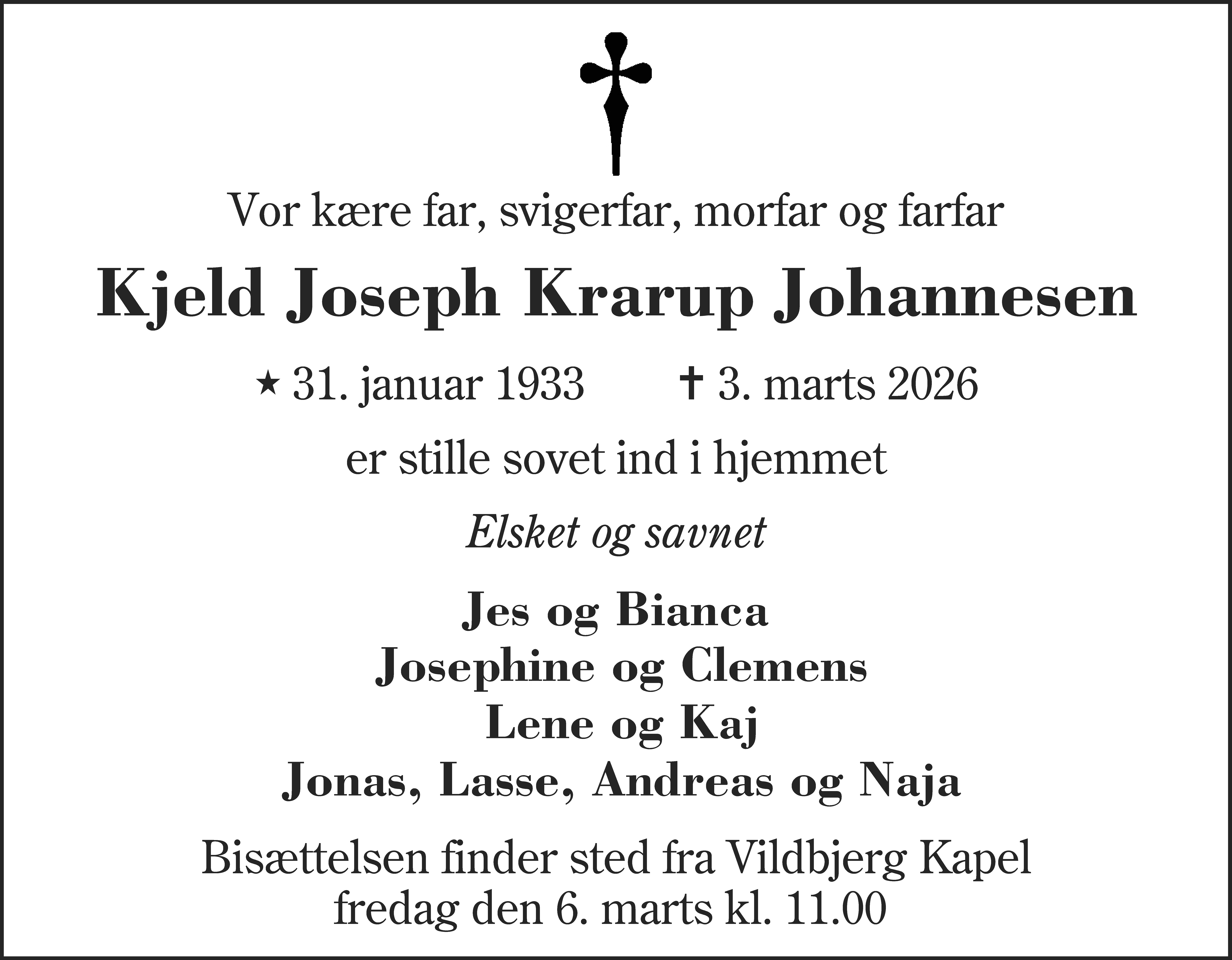 Dødsannonce for Kjeld Joseph Krarup Johannesen