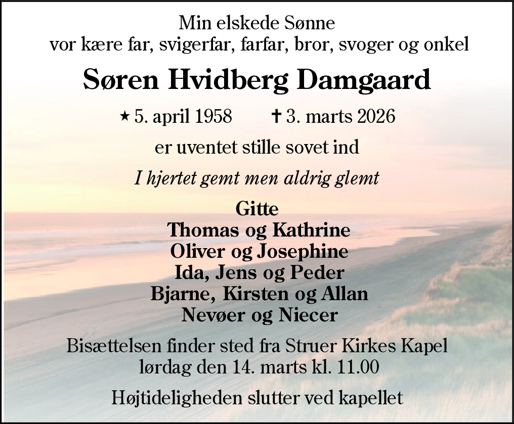 Dødsannonce for Søren Hvidberg Damgaard