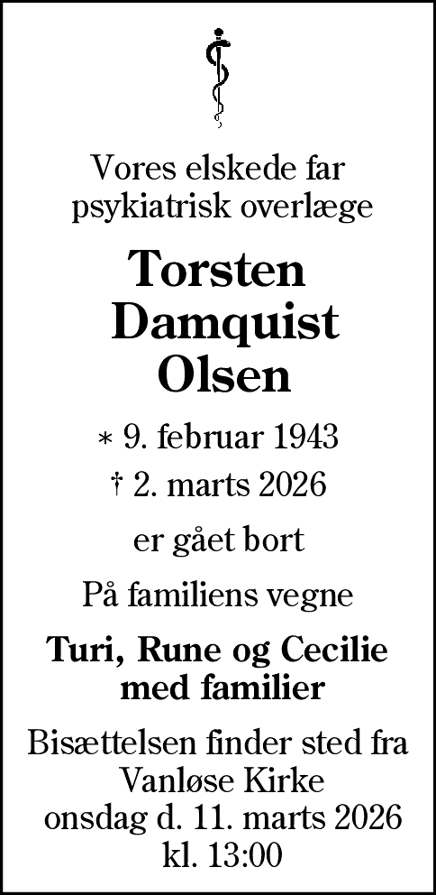 Dødsannonce for Torsten Damquist Olsen