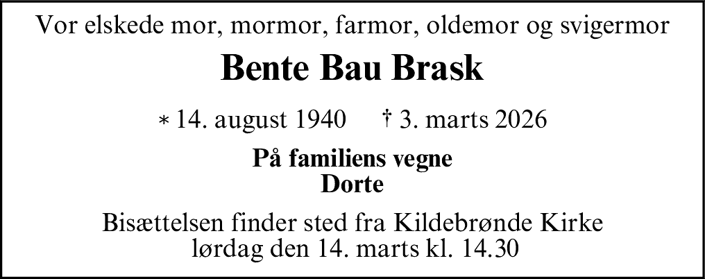 Dødsannonce for Bente Bau Brask