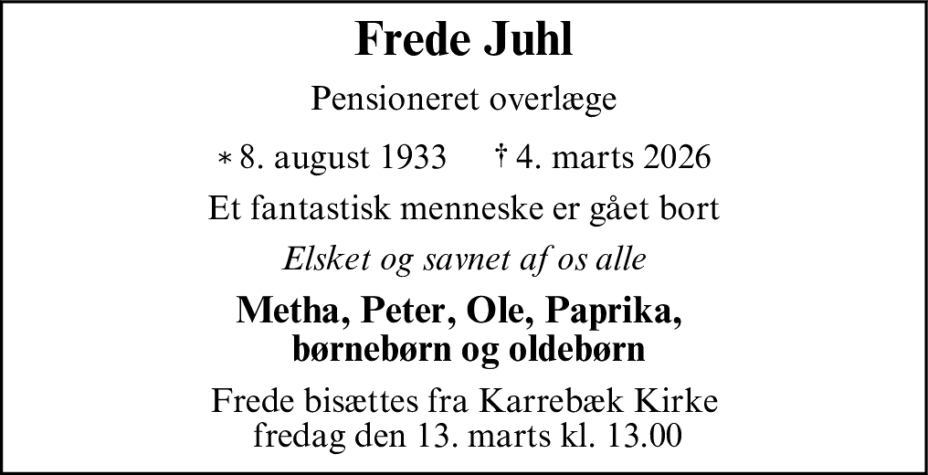 Dødsannonce for Frede Juhl