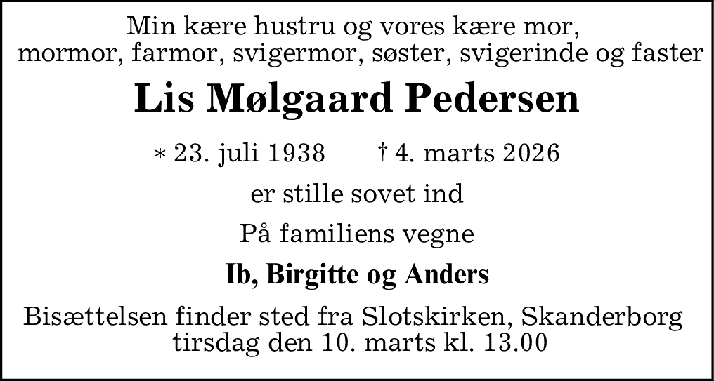 Dødsannonce for Lis Mølgaard Pedersen