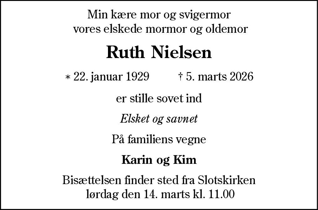 Dødsannonce for Ruth Nielsen