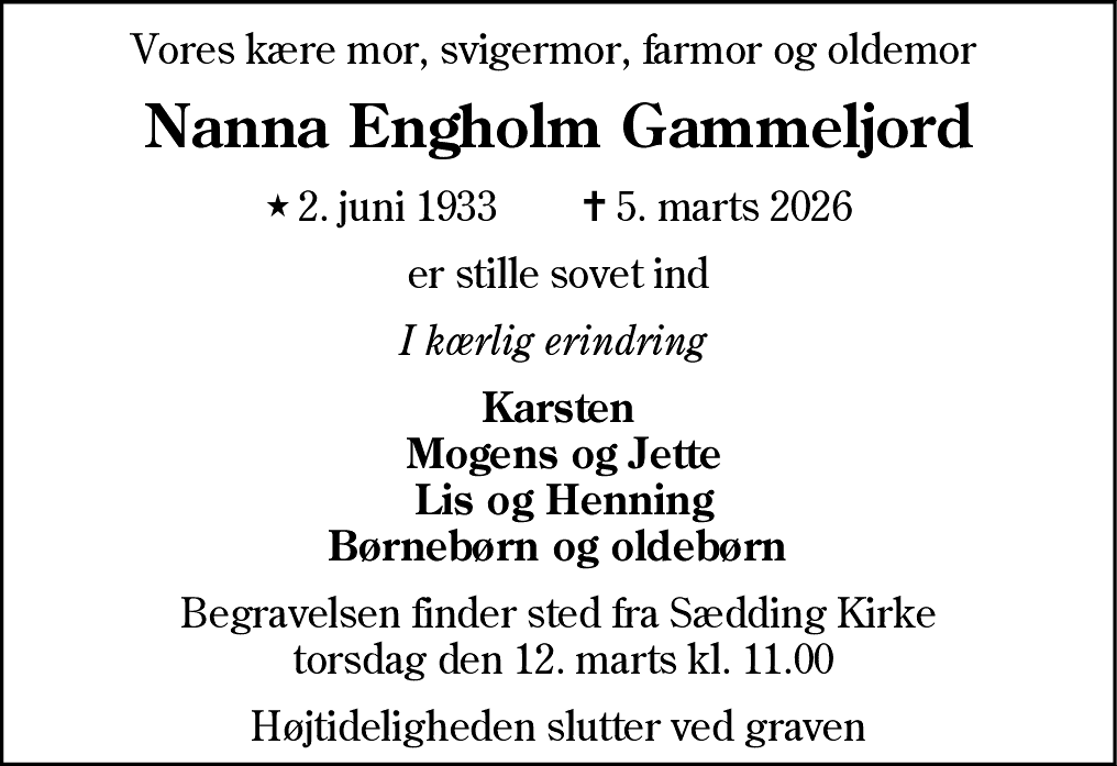 Dødsannonce for Nanna Engholm Gammeljord