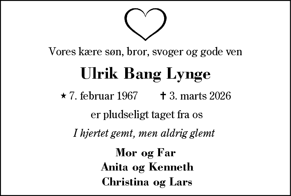 Dødsannonce for Ulrik Bang Lynge