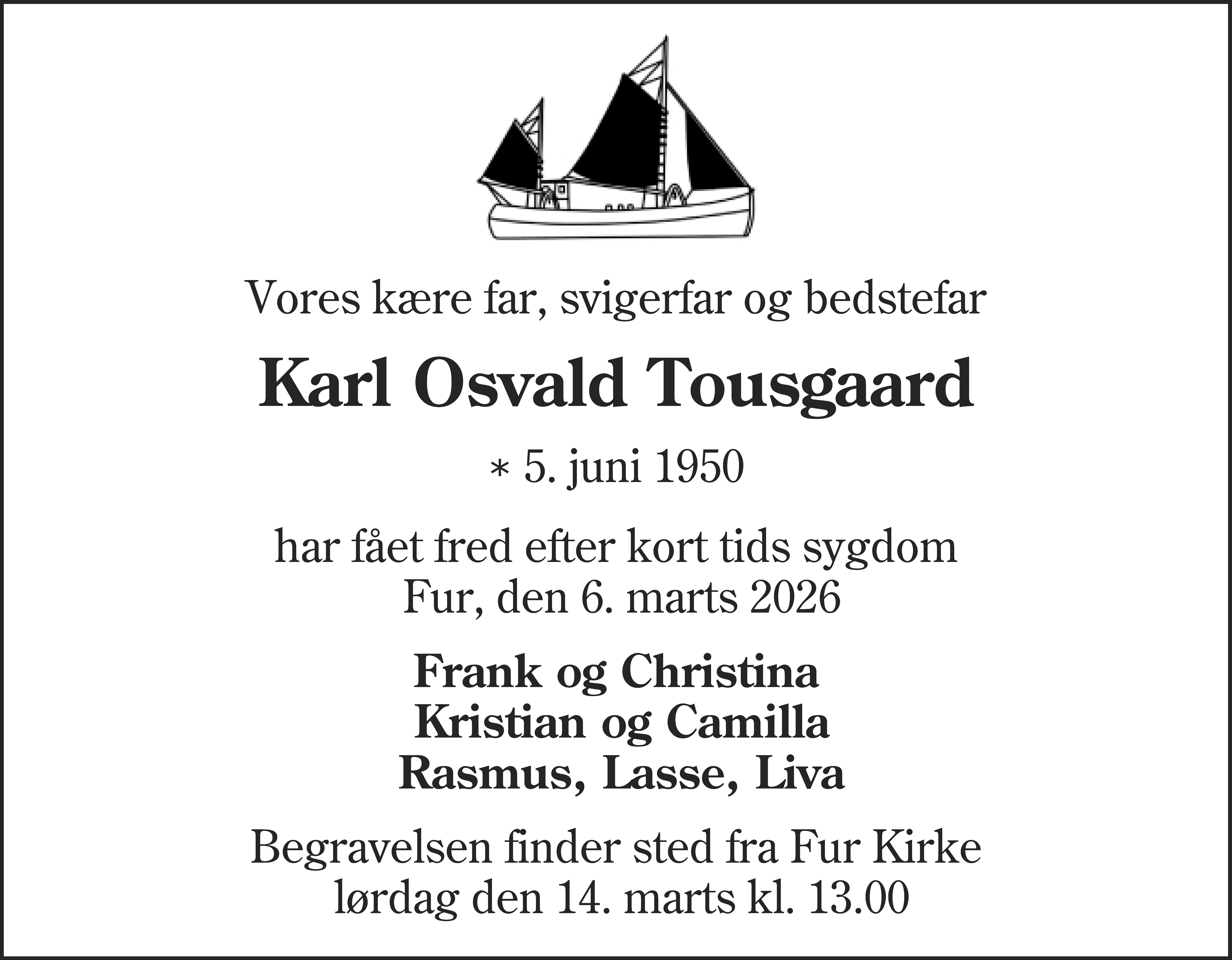 Dødsannonce for Karl Osvald Tousgaard