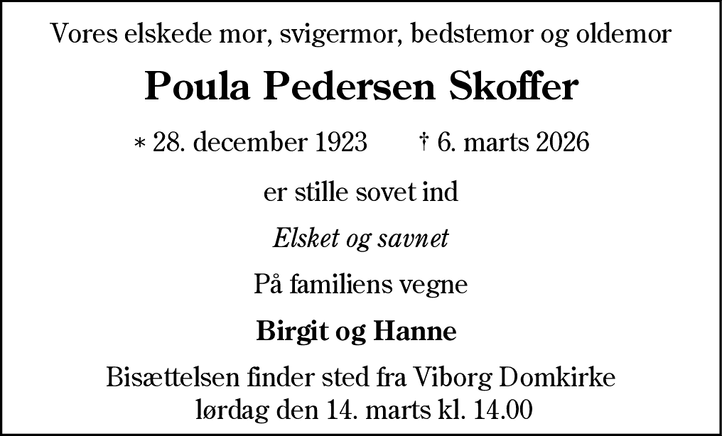 Dødsannonce for Poula Pedersen Skoffer