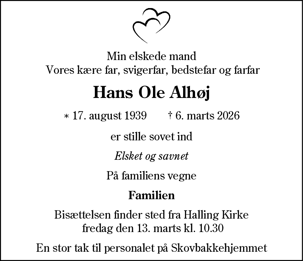 Dødsannonce for Hans Ole Alhøj