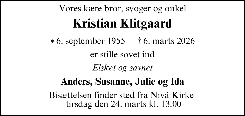 Dødsannonce for Kristian Klitgaard